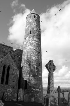 the historic rock of Cashel landmark in county Tipperary Ireland in black and white