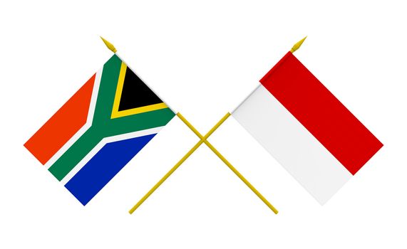 Flags of Indonesia and South Africa, 3d render, isolated