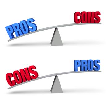 Set of two pro and con balance beams isolated on white. On one scale, a bold blue "PROS" outweighs a red "CONS" and on the other, a red "CONS" outweighs a blue "PROS".
