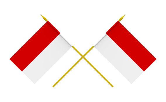 Two crossed flags of Indonesia, 3d render, isolated on white