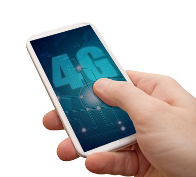 4G Mobile Internet - Man's Hand With Smartphone With 4G Sign on Display - Isolated on White with clipping path