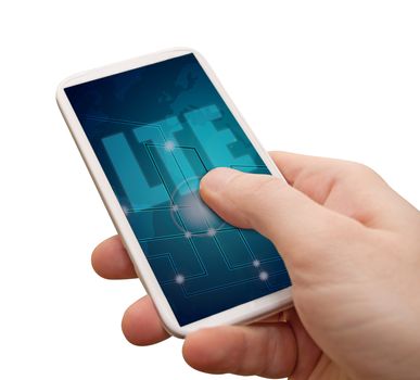 LTE Mobile Internet - Man's Hand With Smartphone With LTE Sign on Display - Isolated on White with clipping path