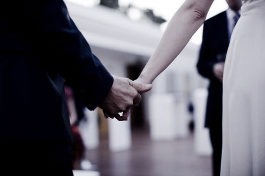 Bride and groom in outdoors civil marriage wedding ceremony holding hands in evening light.