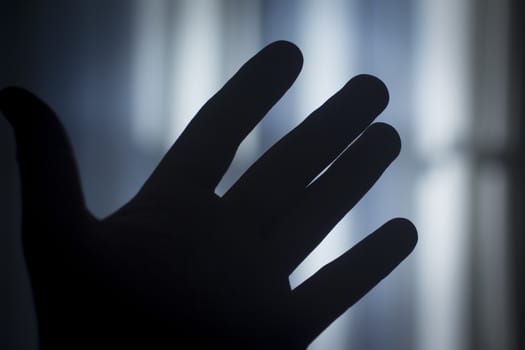 Color digital photo of the open hand of a man in silhouette room with light from window at dusk with net curtains shining through fingers in blue tones with bokeh blur shallow depth of focus defocused background. 