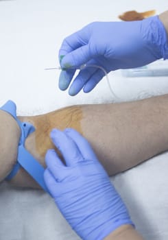 Close-up color photo of a female hospital clinic nurse wearing sterile blue gloves and senior male patient aged 65-70 giving a blood donation sample from the interior of his elbow resting arm on sterile blue white defocused background.