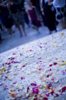 Color artistic digital rectangular vertical photo of Wedding confetti on ground after marriage ceremony outside church in Barcelona Spain. Shallow depth of with background out of focus. 
