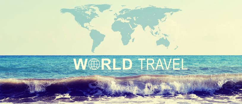 Seascape with wave rolling ashore, inscription World Travel, related symbol and contoured map of world continents