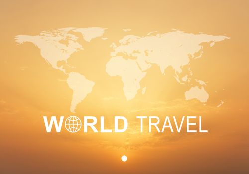 Contoured map of world continents with inscription World Travel and related symbol, against bright sunrise sky