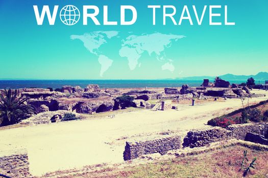 Ruins of the ancient city by the sea. Inscription World Travel, related symbol and contoured map of world continents