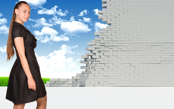 Beautiful businesswoman smiling and looking at camera. Dilapidated brick wall, green meadow and sky as backdrop. Business concept