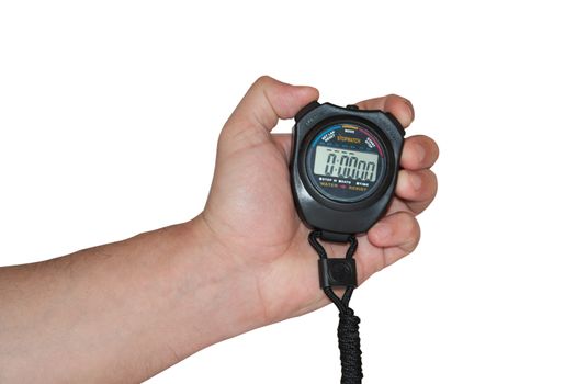 Digital stopwatch in the hand on the white background.