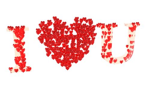 Inscription I love you made of red small hearts. Three-dimensional render.