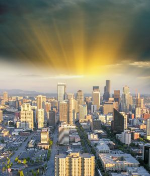 Seattle skyline aerial panorama at sunset, Seattle, WA.