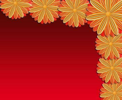 floral stylish ornament from red in upper right angle. Trendy red card. Greeting card for wedding, birthday and life events on the red background. Place for text.