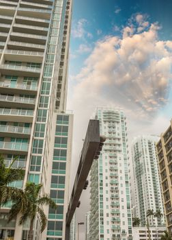 Miami skyline against dramatic sky. View from street level.