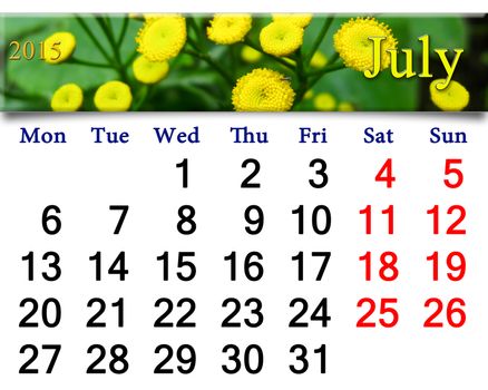 calendar for July of 2015 with fragment of yellow camomiles on the green