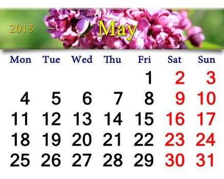 calendar for May of 2015 with flowers of lilac