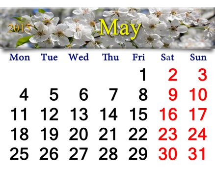 calendar for May of 2015 year with white blooming cherry