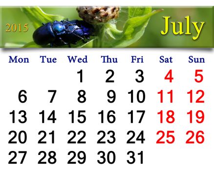 calendar for September of 2015 with image of calendar for July of 2015 with blue beetles