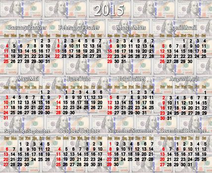 calendar for 2015 year on the American dollar's background