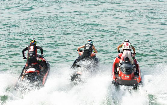 PATTAYA - DECEMBER 6: From the start of the Pro Runabout 800 class during Thai Airway International Jet Ski World Cup at Jomtien Beach, Pattaya, Thailand on December 6, 2014.