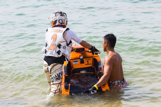 PATTAYA - DECEMBER 6: Mitsuo Hidaka from Japan ready for start during Thai Airway International Jet Ski World Cup at Jomtien Beach, Pattaya, Thailand on December 6, 2014.