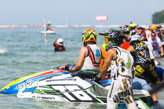 PATTAYA - DECEMBER 6: Competitors ready to start during Thai Airway International Jet Ski World Cup at Jomtien Beach, Pattaya, Thailand on December 6, 2014.