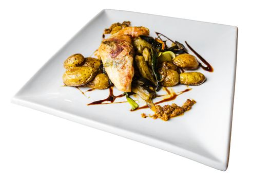 Chicken saltimbocca with sage vegetables and potatoes.