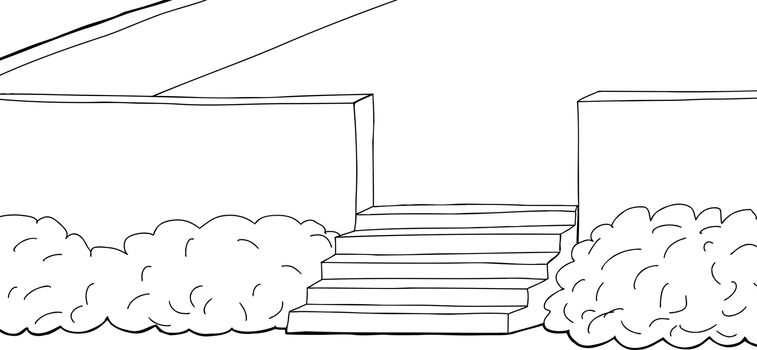 Hand drawn patio with stairs and shrubs outline 
