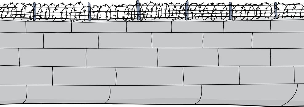 Isolated cartoon of concrete block wall with barbed wire
