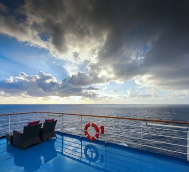 View of the ocean and sky from a cruise deck. The morning after the rain. 
