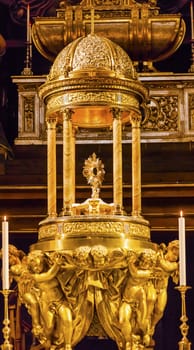 Golden Baptismal Font Basilica Santa Iglesia Collegiata de San Isidro Madrid Spain. Named after Patron Saint of Madrid, Saint Isidore, Church was created in 1651