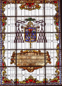 Stained Glass Coat of Arms Basilica Santa Iglesia Collegiata de San Isidro Madrid Spain. Named after Patron Saint of Madrid, Saint Isidore, Church was created in 1651