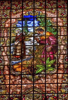 Stained Glass Peter Denial Basilica Santa Iglesia Collegiata de San Isidro Madrid Spain. Named after Patron Saint of Madrid, Saint Isidore, Church was created in 1651