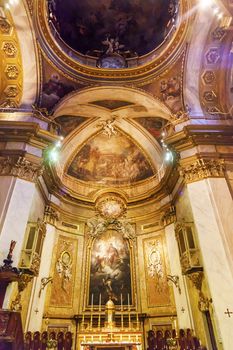 Basilica Dome Saint Michael's Basilica Pontifica de San Miguel Madrid Spain.  Pontifical Basilica of St. Michael is a Baroque Catholic Church established in 1745.  Frescos by Bartolme Rusco in 1745. Vatican Church in Spain