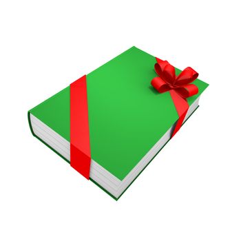 Green book with red ribbon on white background