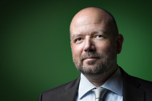 Image of a pleasant businessman with a bald head and beard against a green background