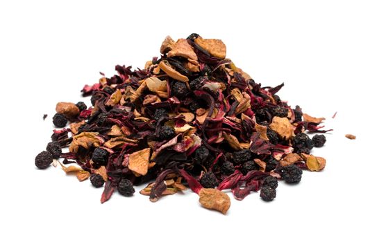 aromatic black dry tea with fruits and petals, isolated on white