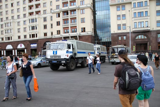 Moscow, Russia - July 18, 2013. Police cars near the venue of the opposition campaign. Thousands of Muscovites went on this day in support of arrested opposition leader Alexei Navalny