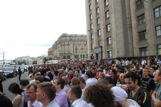 Moscow, Russia - July 18, 2013. The protest rally on Manezh square in support of Alexei Navalny. Thousands of Muscovites went on this day in support of arrested opposition leader Alexei Navalny