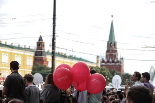 Moscow, Russia - July 18, 2013. Balls labeled Change Russia, start with Moscow on the opposition rally. Thousands of Muscovites went on this day in support of arrested opposition leader Alexei Navalny