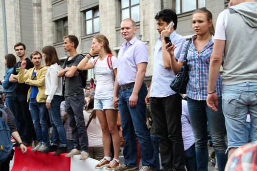 Moscow, Russia - July 18, 2013. Unknown opposition to action in support of Alexei Navalny. Thousands of Muscovites went on this day in support of arrested opposition leader Alexei Navalny