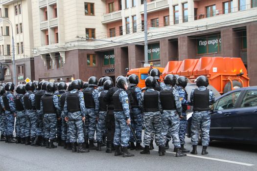 Moscow, Russia - July 18, 2013. Russian police during the opposition rally. Thousands of Muscovites went on this day in support of arrested opposition leader Alexei Navalny