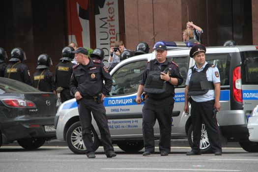 Moscow, Russia - July 18, 2013. Russian police during the opposition rally. Thousands of Muscovites went on this day in support of arrested opposition leader Alexei Navalny