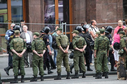 Moscow, Russia - July 18, 2013. Russian police during the opposition rally. Thousands of Muscovites went on this day in support of arrested opposition leader Alexei Navalny