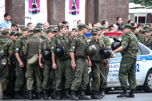 Moscow, Russia - July 18, 2013. Russian police during the opposition rally. Thousands of Muscovites went on this day in support of arrested opposition leader Alexei Navalny