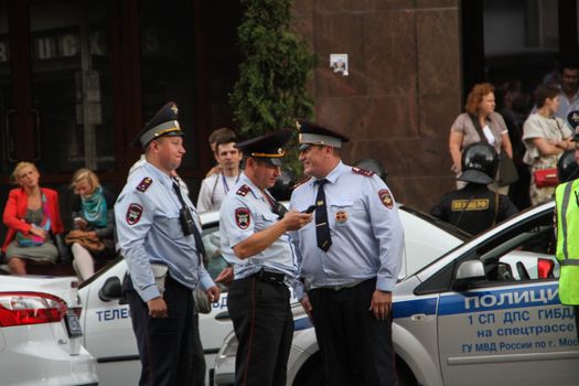 Moscow, Russia - July 18, 2013. Russian police during the opposition rally. Thousands of Muscovites went on this day in support of arrested opposition leader Alexei Navalny