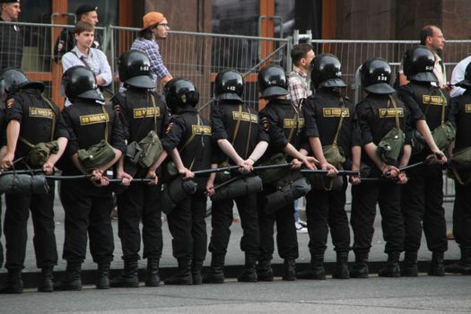 Moscow, Russia - July 18, 2013. Russian police during the opposition rally. Thousands of Muscovites went on this day in support of arrested opposition leader Alexei Navalny