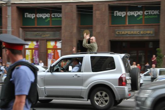 Moscow, Russia - July 18, 2013. Drivers supported opposition politician Alexei Navalny. Thousands of Muscovites went on this day in support of arrested opposition leader Alexei Navalny