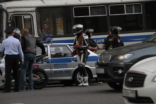 Moscow, Russia - July 18, 2013. Motorcyclists made in support of an opposition politician Alexei Navalny. Thousands of Muscovites went on this day in support of arrested opposition leader Alexei Navalny